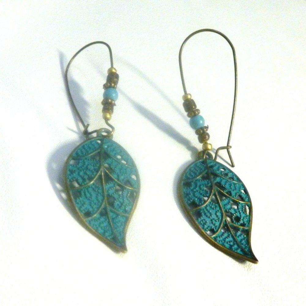Dangle Earrings Verde, Bronze & Turquoise Tones Filigree Leaf NWOT 2.75" M365